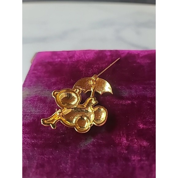 Vintage Rhinestone Teddy Bear With Umbrella Brooch - Picture 6 of 10